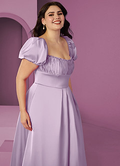 Barbie ♥ Azazie Bridesmaid Dresses Frosted Lilac A-Line Ruched Stretch Satin Dress image10