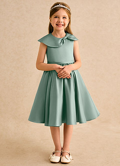 Azazie Acorn Flower Girl Dresses Silver Sage A-Line Pleated Matte Satin Dress image5