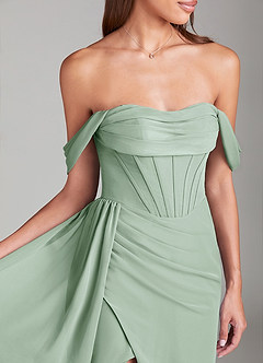 Azazie Amyra Bridesmaid Dresses Agave Sheath Off the Shoulder Chiffon Convertible Dress image5