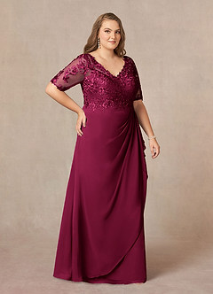 Azazie Amedeus vestidos de madre de la novia Vestido Borgoña de Gasa de Corte en A con Encaje cuello pico image9