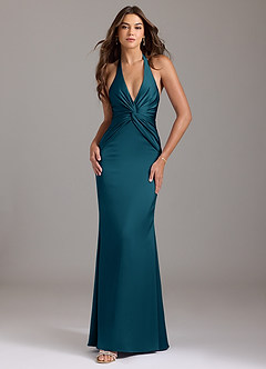 Azazie Valerie Bridesmaid Dresses Ink Blue Mermaid Pleated Stretch Satin Dress image1