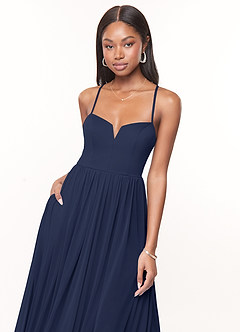 Azazie Marsol Bridesmaid Dresses Dark Navy A-Line Corset Mesh Dress image5