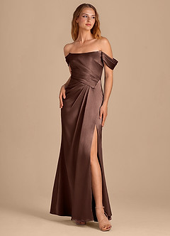 Azazie Shea Bridesmaid Dresses Espresso Mermaid Off the Shoulder Metallic Satin Convertible Dress image1