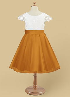 Azazie Vetty Flower Girl Dresses Ivory Butterscotch A-Line Lace Tulle Dress image9