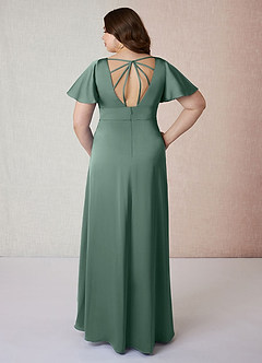 Azazie Lani Bridesmaid Dresses Eucalyptus A-Line Flounce Sleeve Stretch Satin Dress image8