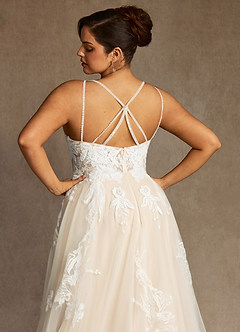 Azazie Lorenza Wedding Dresses Diamond White Champagne A-Line V-Neck Sequins Tulle Dress image14