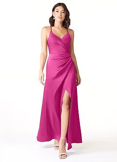 Azazie Geanna Vestidos de damas de honor Vestido de Fucsia de Satén Elástico de Corte Recto con Cuello en V Plisado image1
