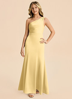 Azazie Ren Junior Butter A-Line Pleated Stretch Satin Dress image4