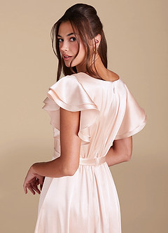 Azazie Daphne Modest Bridesmaid Dresses A-Line Ruched Metallic Satin Floor-Length Dress image6