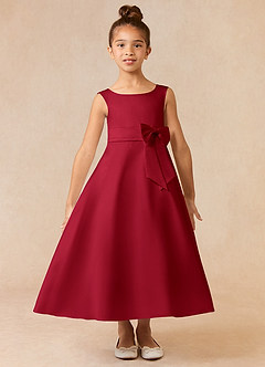 Azazie Lindy Flower Girl Dresses Scarlet A-Line Pleated Matte Satin Dress image2
