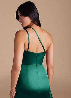 Azazie Latrice Bridesmaid Dresses Emerald Sheath One Shoulder Metallic Satin Dress image4