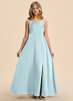 Azazie Gia Junior Robe Trapèze en Satin extensible Plissé Bleu Nuage image7