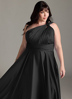 Azazie Charlize Bridesmaid Dresses Black A-Line One Shoulder Stretch Satin Dress image15