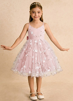 Azazie Junebug Flower Girl Dresses Powder Pink Ball-Gown Spaghetti Strap Tulle Dress image3