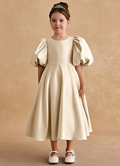 Azazie Sugarplum Flower Girl Dresses Champagne A-Line with Sleeves Matte Satin Dress image3