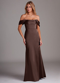 Azazie Saige Bridesmaid Dresses Ganache Sheath Off the Shoulder Stretch Satin Dress image4