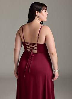 Azazie Marchella Bridesmaid Dresses Burgundy A-Line Corset Stretch Satin Dress image12