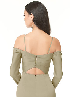 Azazie Hallie Vestidos de damas de honor Vestido de Musgo Verde de Satén Elástico de Corte Recto Convertible con Manga larga con hombros descubiertos image8