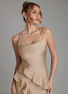 Azazie Jayda Bridesmaid Dresses Taupe A-Line Ruched Stretch Satin Dress image3