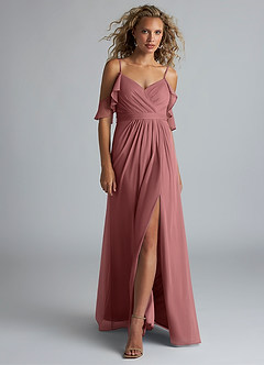 Azazie Fiena Bridesmaid Dresses Desert Rose A-Line V-neck Ruched Mesh Dress image4