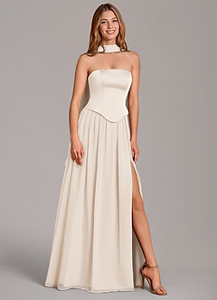 Azazie Cadence Jurken voor bruidsmeisjes Converteerbaar Jurk van Stretch Satijn met A-Lijn Korset Wit Albast image1