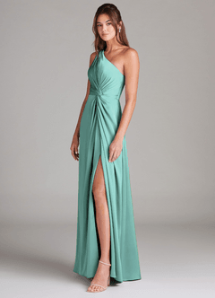 Azazie Brooke Bridesmaid Dresses Aqua A-Line One Shoulder Stretch Satin Dress image4
