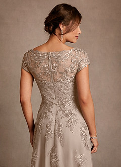Azazie Jalinda Mother of the Bride Dresses Taupe A-Line Lace Chiffon Dress image6