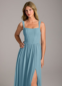 Azazie Rosaline Bridesmaid Dresses Moody Blue A-Line Side Slit Chiffon Dress image2