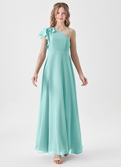 Azazie Arabella Junior Abito A-Line in Chiffon Increspato Acqua image5