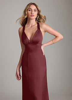 Azazie Cemion 신부 들러리 드레스 A라인 스트레치 새틴 바닥 길이 드레스 image6