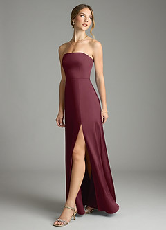 Azazie Wren Vestidos de damas de honor Vestido de Cabernet de Satén Elástico de Corte en A Convertible con Sin tirantes image5