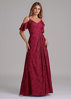 Azazie Dakota Bridesmaid Dresses Burgundy A-Line Off the Shoulder Floral Burnout Dress image4