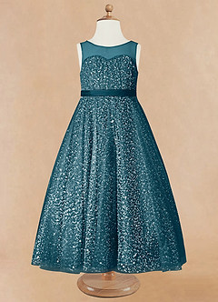 Azazie Siwa Flower Girl Dresses Ink Blue A-Line Beaded Tulle Dress image5