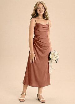 Azazie Mai Junior Abito Tubino in Raso Elasticizzato Plissettato Bronzo image5