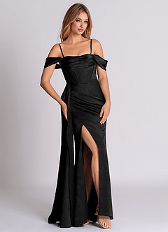 Azazie Amyra 신부 들러리 드레스 인어 오프 더 숄더 자카드 바닥 길이 드레스 image3