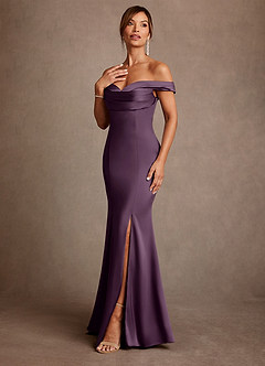 Azazie Boone Mother of the Bride Dresses Plum Mermaid Off the Shoulder Stretch Satin Dress image4