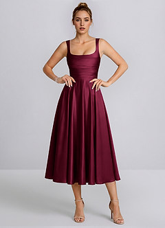 Azariya Burgund Satin-Midikleid mit eckigem Ausschnitt und Schnürung in A-Linie image4