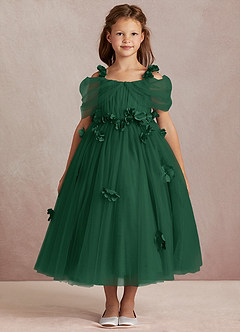 Azazie Shaylee Flower Girl Dresses Dark Green A-Line Off the Shoulder Tulle Dress image3