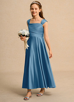 Azazie Bundle Girls Formal Flower Girl Dresses Steel Blue A-Line Pleated Matte Satin Dress image5