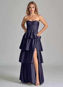 Azazie Faye Robes de demoiselle d'honneur Robe Trapèze en Satin extensible Rayé Bleu Orageux image5