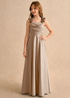 Azazie Rosita Girls Formal Robe Demoiselle D'honneur Fillette Robe Trapèze en Satin extensible Plissée Taupe image4