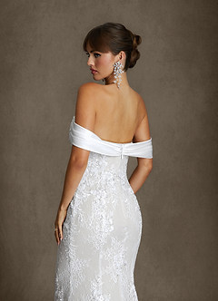 Azazie Harrah At-home Try On Dresses Diamond White Mermaid Off the Shoulder Lace Dress image8
