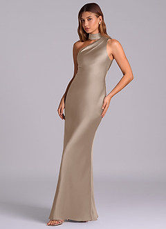 Azazie Seona Bridesmaid Dresses Taupe Mermaid One Shoulder Stretch Satin Dress image6