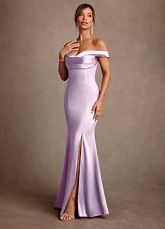 Azazie Boone Mother of the Bride Dresses Frosted Lilac Mermaid Off the Shoulder Stretch Satin Dress image4