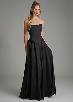 Azazie Arden At-home Try On Dresses Black A-Line Corset Stretch Satin Dress image1