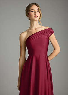 Azazie Melanie Bridesmaid Dresses Burgundy A-Line Off the Shoulder Stretch Satin Dress image6