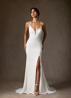 Azazie Iden Hochzeitskleider Meerjungfrau-Linie V-Hals Stretch-Krepp Kleid Diamantweiß Karamell image1