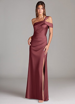 Azazie Wynter Bridesmaid Dresses Merlot Sheath Off the Shoulder Stretch Satin Dress image1