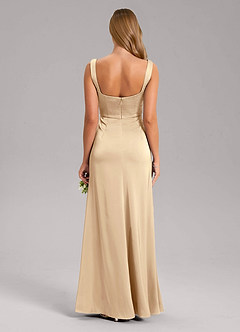 Azazie Frostine Bridesmaid Dresses Champagne A-Line Bow Stretch Satin Dress image2