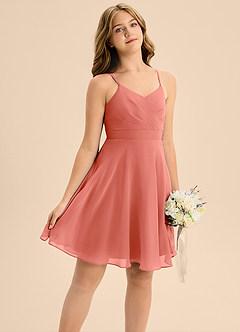 Azazie Avelina Junior Salmon Pink A-Line Pleated Chiffon Dress image5